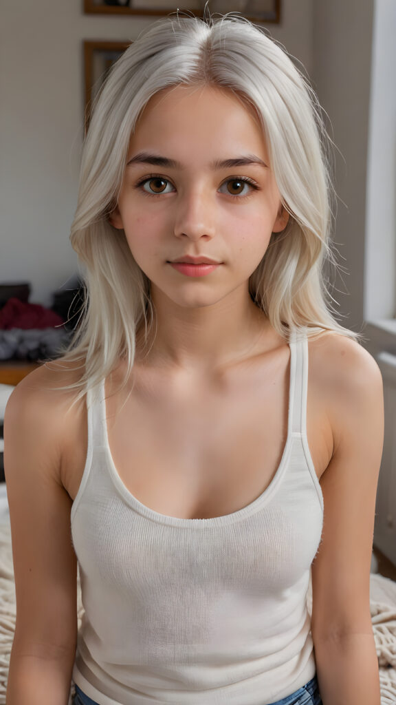 a very detailed and realistic portrait of a (((cute teen girl))), 13 years old, ((long straight (white hair))), ((realistic detailed (brown eyes))), (((thin lips))), ((realistic detailed, light brown eyes)), ((face illuminated)), (((looking into the camera))), (((wearing a very low cut (white tank top) made on fine wool))), perfect curved fit body