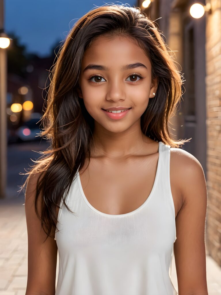 a very detailed and realistic (((full body)) portrait of a (((brown-skinned teen girl))), 14 years old, ((long straight (dark brown hair))), ((realistic detailed (big brown eyes))), (((thin lips))), ((realistic detailed (brown skin))), (((light brown (eyes))), ((catchlights in both eyes)), ((matching eyes)), ((bright smile)), ((face illuminated)), (((looking into the camera))), (((wearing a very low cut (white tank top) made on thin silk)))