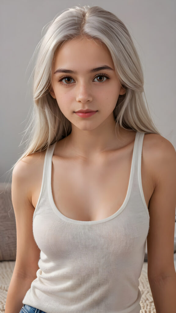 a very detailed and realistic portrait of a (((cute teen girl))), 13 years old, ((long straight (white hair))), ((realistic detailed (brown eyes))), (((thin lips))), ((realistic detailed, light brown eyes)), ((face illuminated)), (((looking into the camera))), (((wearing a very low cut (white tank top) made on fine wool))), perfect curved fit body