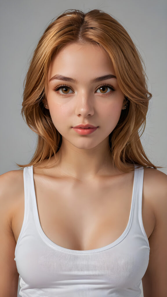 a very detailed and realistic portrait of a (((cute and attractive teen girl))), ((long yet straight (copper-blond hair))), ((realistic detailed (brown eyes))), (((full kissable lips))), ((realistic detailed, light amber eyes)), ((face illuminated)), (((wearing a very low cut (white tank top)))), perfect curved fit body