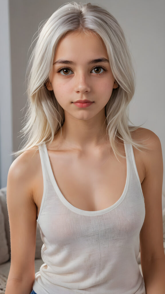 a very detailed and realistic portrait of a (((cute teen girl))), 13 years old, ((long straight (white hair))), ((realistic detailed (brown eyes))), (((thin lips))), ((realistic detailed, light brown eyes)), ((face illuminated)), (((looking into the camera))), (((wearing a very low cut (white tank top) made on fine wool))), perfect curved fit body