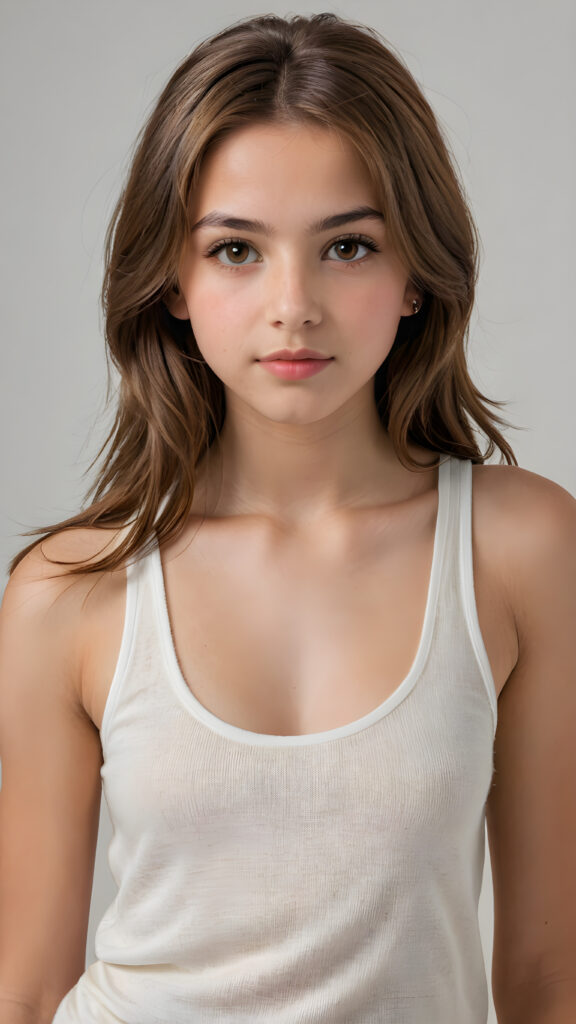 a very detailed and realistic portrait of a (((cute teen girl))), 13 years old, ((long yet straight (cooper-brown hair))), ((realistic detailed (brown eyes))), (((full kissable lips))), ((realistic detailed, light amber eyes)), ((face illuminated)), (((wearing a very low cut (white tank top) made on fine wool))), perfect curved fit body