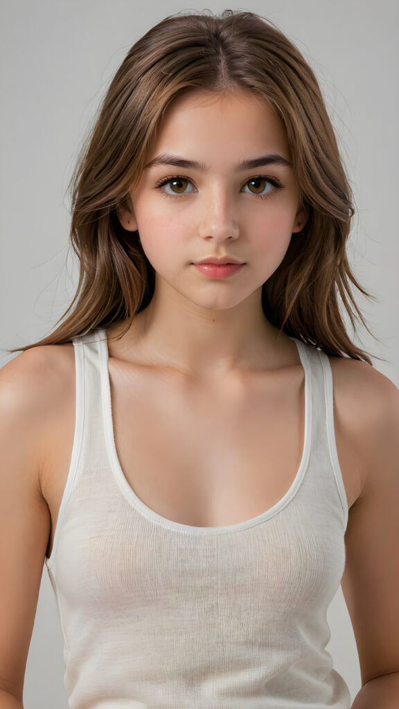 a very detailed and realistic portrait of a (((cute teen girl))), 13 years old, ((long yet straight (cooper-brown hair))), ((realistic detailed (brown eyes))), (((full kissable lips))), ((realistic detailed, light amber eyes)), ((face illuminated)), (((wearing a very low cut (white tank top) made on fine wool))), perfect curved fit body