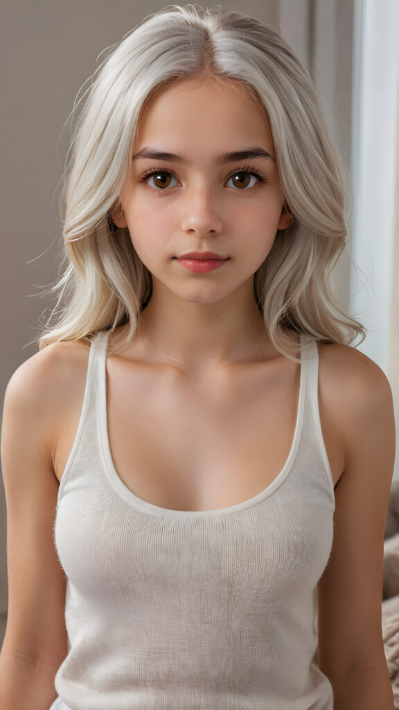 a very detailed and realistic portrait of a (((cute teen girl))), 13 years old, ((long straight (white hair))), ((realistic detailed (brown eyes))), (((thin lips))), ((realistic detailed, light brown eyes)), ((face illuminated)), (((looking into the camera))), (((wearing a very low cut (white tank top) made on fine wool))), perfect curved fit body