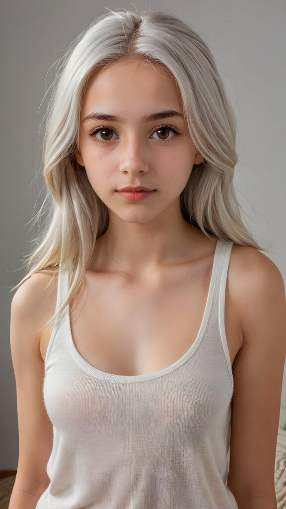 a very detailed and realistic portrait of a (((cute teen girl))), 13 years old, ((long straight (white hair))), ((realistic detailed (brown eyes))), (((thin lips))), ((realistic detailed, light brown eyes)), ((face illuminated)), (((looking into the camera))), (((wearing a very low cut (white tank top) made on fine wool))), perfect curved fit body