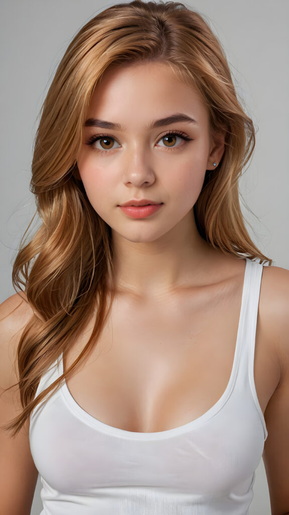 a very detailed and realistic portrait of a (((cute and attractive teen girl))), ((long yet straight (copper-blond hair))), ((realistic detailed (brown eyes))), (((full kissable lips))), ((realistic detailed, light amber eyes)), ((face illuminated)), (((wearing a very low cut (white tank top)))), perfect curved fit body