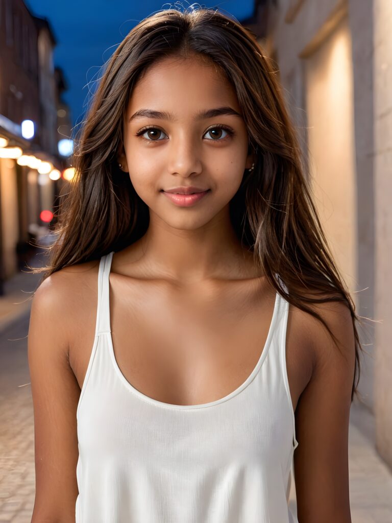 a very detailed and realistic (((full body)) portrait of a (((brown-skinned teen girl))), 14 years old, ((long straight (dark brown hair))), ((realistic detailed (big brown eyes))), (((thin lips))), ((realistic detailed (brown skin))), (((light brown (eyes))), ((catchlights in both eyes)), ((matching eyes)), ((bright smile)), ((face illuminated)), (((looking into the camera))), (((wearing a very low cut (white tank top) made on thin silk)))