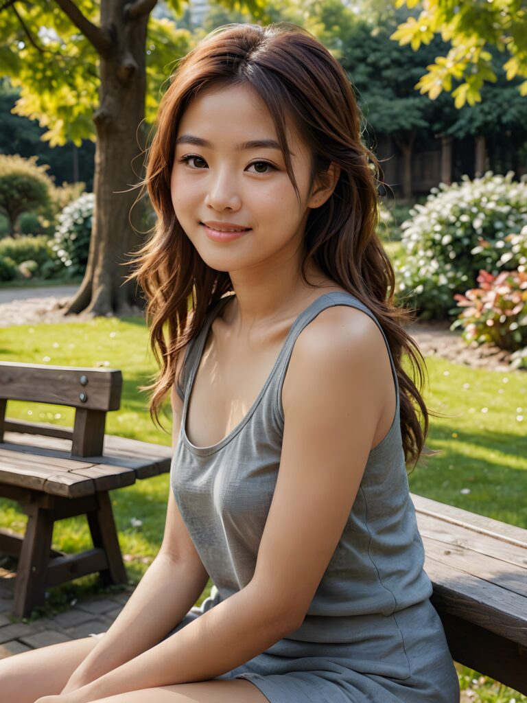 a ((very nice)) ((young)) ((Japanese)) girl, portrait shot, long hazelnut hair, a warm smile, she wears a grey tank top, perfect curved body, sits on a wooden bench, beautiful park landscape in the background, intricate details, wooden bench, tree, beautiful, perfect composition, beautiful detailed complex insanely detailed octane render trending on artstation, 8 k artistic photography, photorealistic concept art, soft natural volumetric cinematic perfect light, chiaroscuro, award - winning photograph, masterpiece, oil on canvas, raphael, caravaggio, greg rutkowski, beeple, beksinski, giger