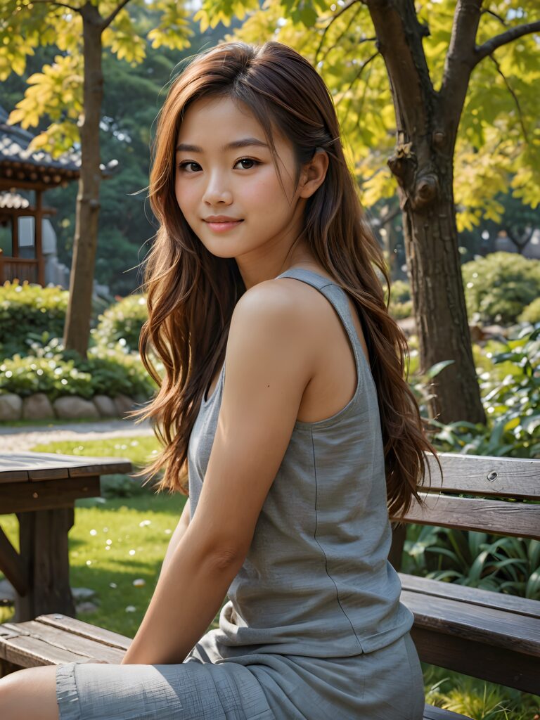 a ((very nice)) ((young)) ((Japanese)) girl, portrait shot, long hazelnut hair, a warm smile, she wears a grey tank top, perfect curved body, sits on a wooden bench, beautiful park landscape in the background, intricate details, wooden bench, tree, beautiful, perfect composition, beautiful detailed complex insanely detailed octane render trending on artstation, 8 k artistic photography, photorealistic concept art, soft natural volumetric cinematic perfect light, chiaroscuro, award - winning photograph, masterpiece, oil on canvas, raphael, caravaggio, greg rutkowski, beeple, beksinski, giger