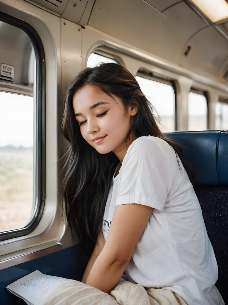 a very nice young girl, sleep and sitting in a train compartment, portrait shot, her long black hair falls over her shoulders, warm smile, closed eyes, she wears a white t-shirt