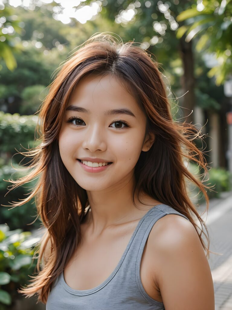 a very nice young Japanese girl, portrait shot, her long hazelnut hair falls over her shoulders, warm smile, she wears a grey tank top, perfect curved body