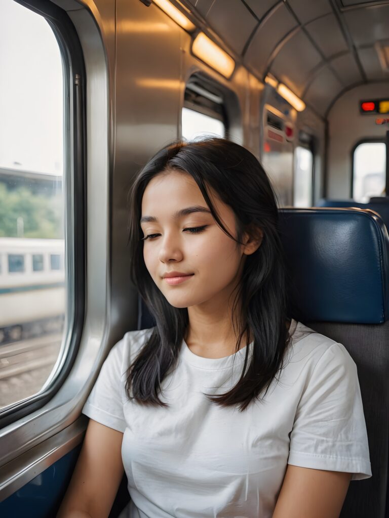 a very nice young girl, sleep and sitting in a train compartment, portrait shot, her long black hair falls over her shoulders, warm smile, closed eyes, she wears a white t-shirt