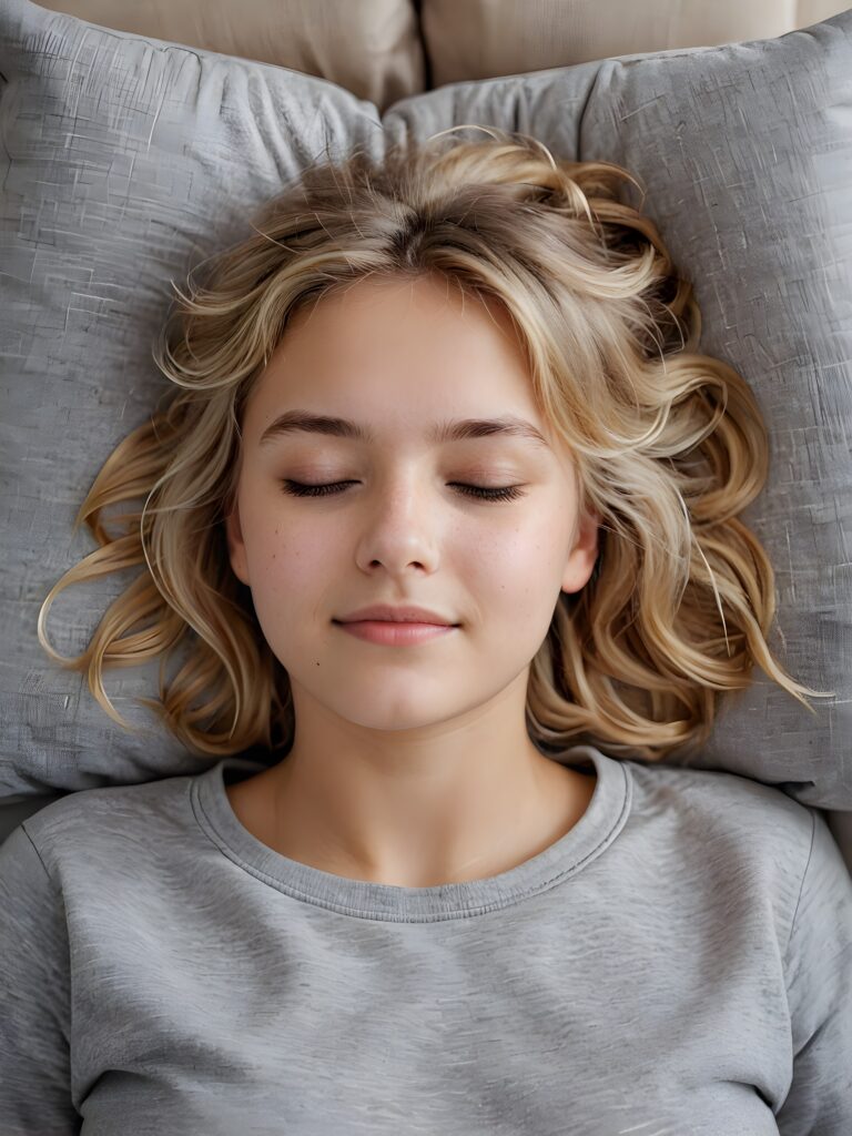 a very nice young girl is sleeping, portrait shot, her blond messy hair falls over her shoulders, warm smile, closed eyes, she wears a grey t-shirt