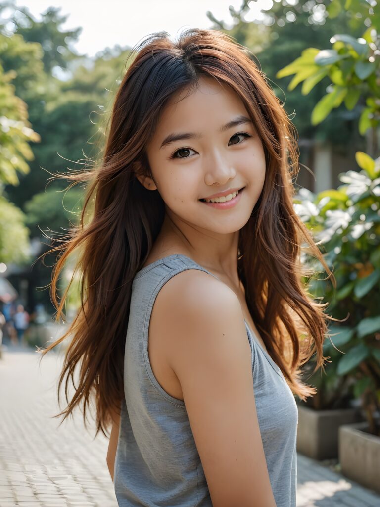 a very nice young Japanese girl, portrait shot, her long hazelnut hair falls over her shoulders, warm smile, she wears a grey tank top, perfect curved body