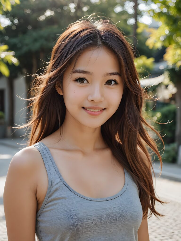 a very nice young Japanese girl, portrait shot, her long hazelnut hair falls over her shoulders, warm smile, she wears a grey tank top, perfect curved body