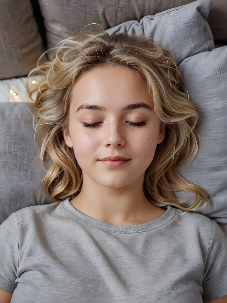 a very nice young girl is sleeping, portrait shot, her blond messy hair falls over her shoulders, warm smile, closed eyes, she wears a grey t-shirt