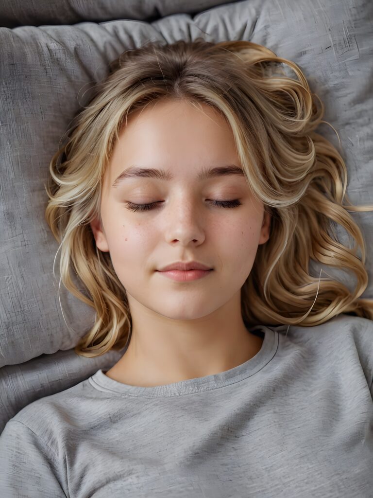 a very nice young girl is sleeping, portrait shot, her blond messy hair falls over her shoulders, warm smile, closed eyes, she wears a grey t-shirt