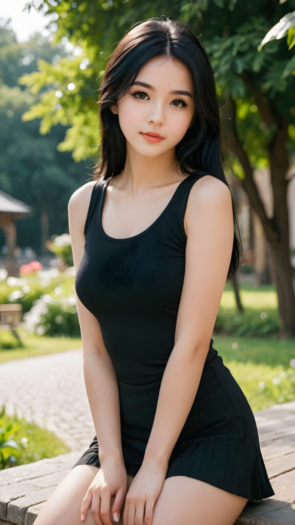 a very pretty young petite girlie, wears a very short cropped black tank top, very long soft black hair, round cheeks, pale slender legs, visible kneeks, black detailed beautiful eyes, ((round face)), full kissable lips, round eyes, perfect skin