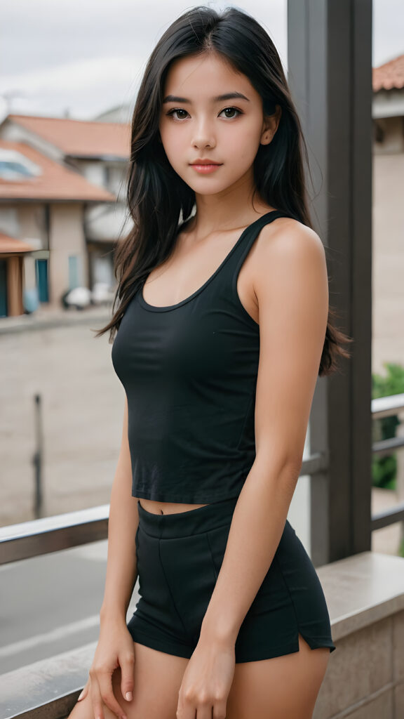 a very pretty young petite tanned girlie, wears a very short cropped black tank top, very long soft black hair, round cheeks, pale slender legs, visible kneeks, black detailed beautiful eyes, ((round face)), full kissable lips, round eyes, perfect skin