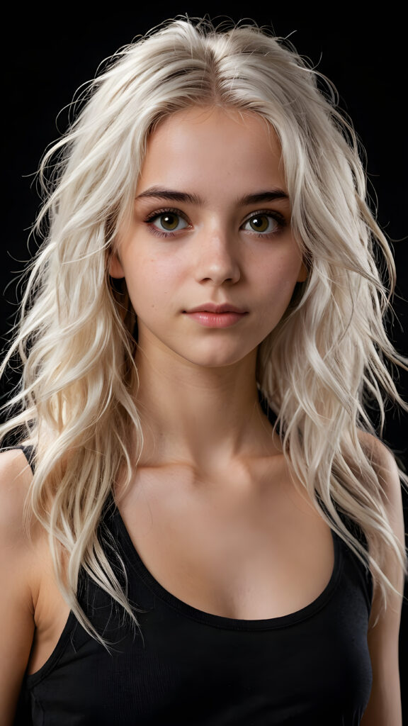 a very realistic and hyper-realistic (((full body portrait))) of (((a pretty young teen girl))) with a (((white long messy hair color))), (((dark eyes))), and a (((weak light illuminating the girl's face))), all set against a (((black background))), with extraordinary clarity and detail, capturing the essence of a (((very beautiful young girl))), age 15, wears cropped tank top (((front view portrait)))