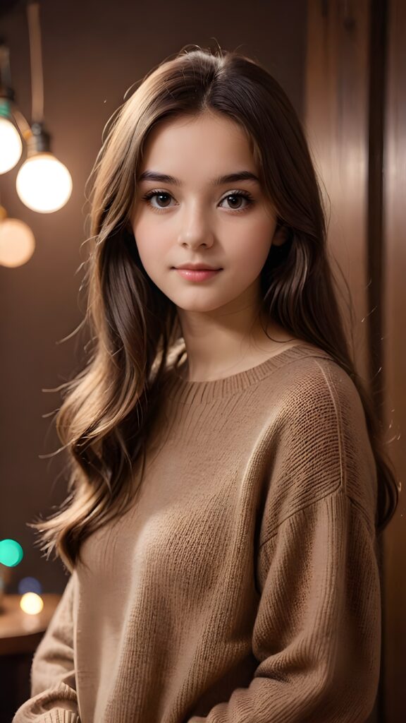 a very soft and diffuse vintage photograph of a 1960s teen girl with very long straight hair, with a dark pastel palette in the background, ((wears a fine brown sweater)), dark background