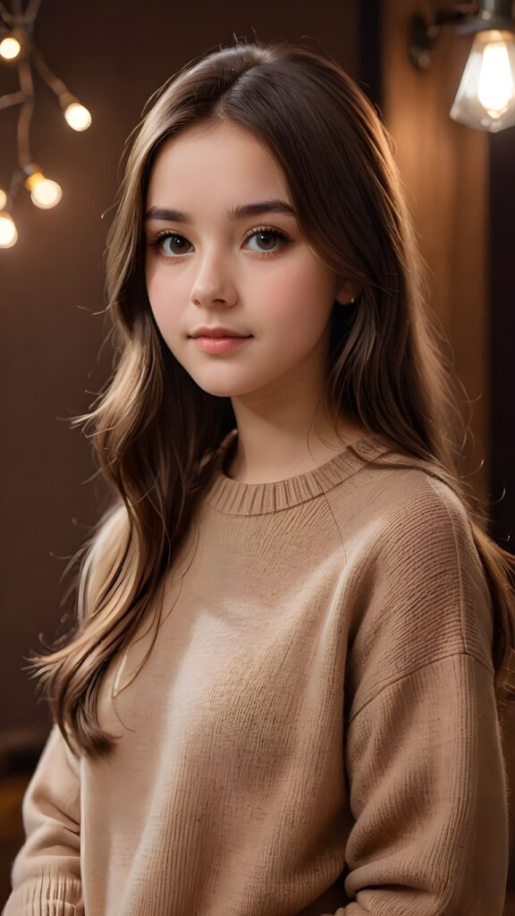 a very soft and diffuse vintage photograph of a 1960s teen girl with very long straight hair, with a dark pastel palette in the background, ((wears a fine brown sweater)), dark background