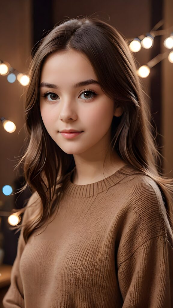 a very soft and diffuse vintage photograph of a 1960s teen girl with very long straight hair, with a dark pastel palette in the background, ((wears a fine brown sweater)), dark background