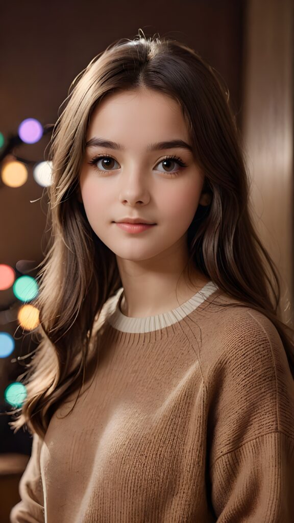 a very soft and diffuse vintage photograph of a 1960s teen girl with very long straight hair, with a dark pastel palette in the background, ((wears a fine brown sweater)), dark background