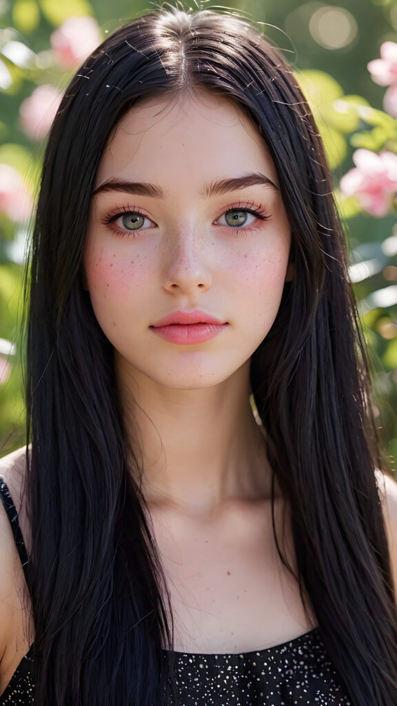 a (((very young girlie))), 15 years old, with a ((((perfectly straight soft long black hair)))), and (((tiny naturally pink lips))), paired with (((perfectly pink cheeks))), all framed by a ((round face)), with a sprinkle of (((freckles))) that make her look like a fairytale character, her eyes are (((round))) and they have (((long dark lashes))), paired with (((black Dioramic eyelids))) that frame those big eyes in a sophisticated touch, on a (short cropped black silk tank top) that exudes an air of modern minimalism, with its subtle texture and (((tiny shimmering details))) that mimic the essence of a (((freshly printed book))), set against a (serene, garden backdrop) that suggests the luxury of a (high-resolution, full-body image), perfectly framed and perfectly centered, with a hint of (softly diffused light) that brings out the (natural details)