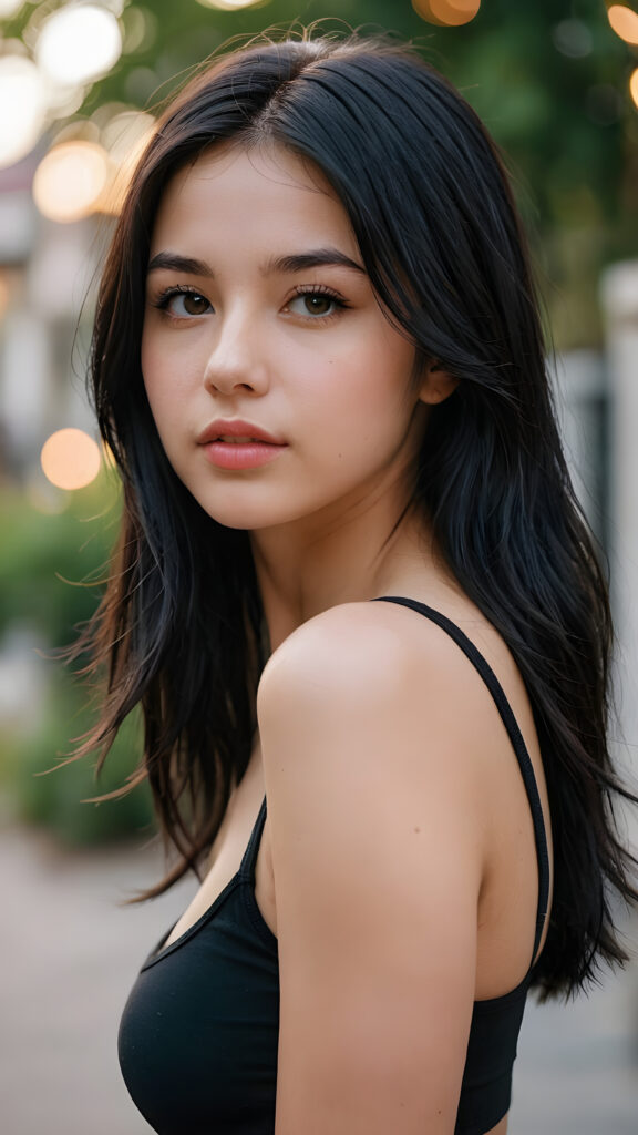 a very (((young girlie))), wears a short cropped black tank top, straight soft long black hair, ((round face)), full kissable lips, round eyes, perfect skin and perfect curved body