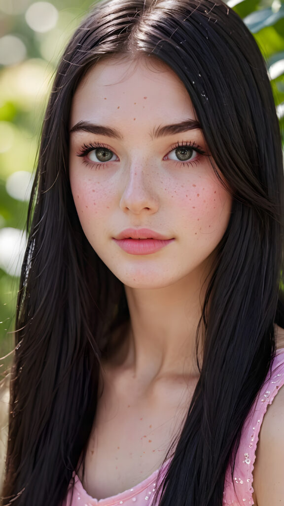 a (((very young girlie))), 15 years old, with a ((((perfectly straight soft long black hair)))), and (((tiny naturally pink lips))), paired with (((perfectly pink cheeks))), all framed by a ((round face)), with a sprinkle of (((freckles))) that make her look like a fairytale character, her eyes are (((round))) and they have (((long dark lashes))), paired with (((black Dioramic eyelids))) that frame those big eyes in a sophisticated touch, on a (short cropped black silk tank top) that exudes an air of modern minimalism, with its subtle texture and (((tiny shimmering details))) that mimic the essence of a (((freshly printed book))), set against a (serene, garden backdrop) that suggests the luxury of a (high-resolution, full-body image), perfectly framed and perfectly centered, with a hint of (softly diffused light) that brings out the (natural details)