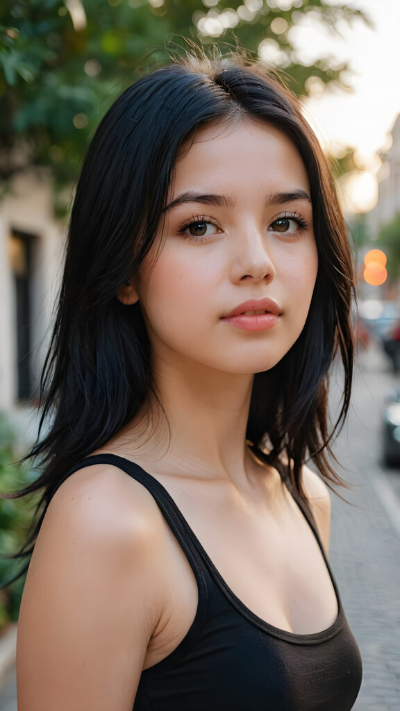 a very (((young girlie))), wears a short cropped black tank top, straight soft long black hair, ((round face)), full kissable lips, round eyes, perfect skin and perfect curved body