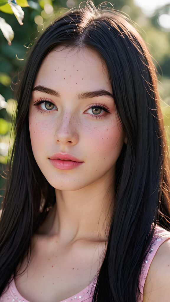 a (((very young girlie))), 15 years old, with a ((((perfectly straight soft long black hair)))), and (((tiny naturally pink lips))), paired with (((perfectly pink cheeks))), all framed by a ((round face)), with a sprinkle of (((freckles))) that make her look like a fairytale character, her eyes are (((round))) and they have (((long dark lashes))), paired with (((black Dioramic eyelids))) that frame those big eyes in a sophisticated touch, on a (short cropped black silk tank top) that exudes an air of modern minimalism, with its subtle texture and (((tiny shimmering details))) that mimic the essence of a (((freshly printed book))), set against a (serene, garden backdrop) that suggests the luxury of a (high-resolution, full-body image), perfectly framed and perfectly centered, with a hint of (softly diffused light) that brings out the (natural details)