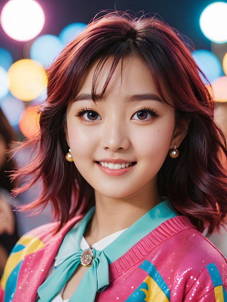 a (((vividly colored and cute K-pop girl))) with wide eyes and a smile that exudes cuteness, dressed in a style indicative of modern Korean pop culture