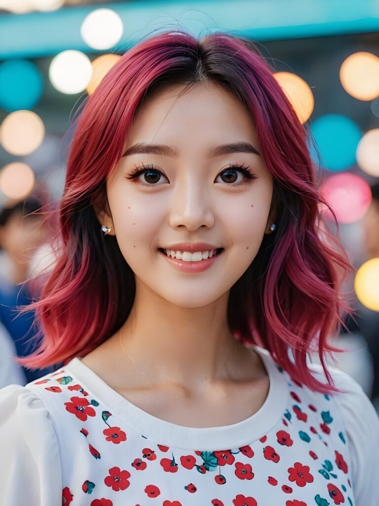 a (((vividly colored and cute K-pop girl))) with wide eyes and a smile that exudes cuteness, dressed in a style indicative of modern Korean pop culture