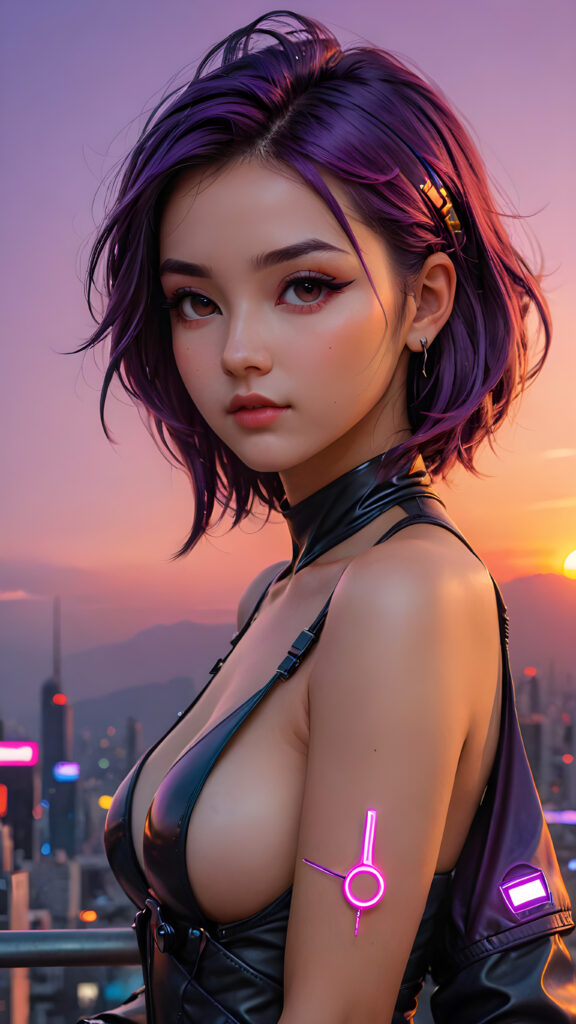 a (((vividly cute girl))) with an idealizable yet realistically proportioned upper body against a backdrop of a (((sunset))), colors softly fading into twilight