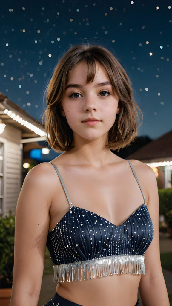 a (((vividly detailed advanced portrait))) of a (((sweetly teen girl))) with flowing, shoulder-length hair styled in bob-cut fringe patterns, dressed in a sleek, party crop top, revealing a gorgeously proportioned, softly curved figure, captured in a full-body scene under a starry night backdrop