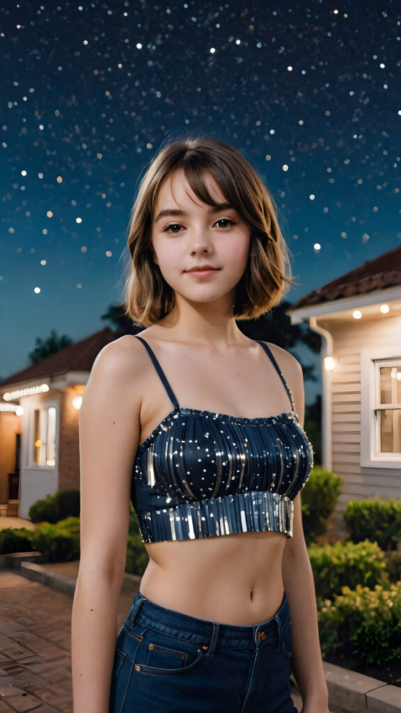 a (((vividly detailed advanced portrait))) of a (((sweetly teen girl))) with flowing, shoulder-length hair styled in bob-cut fringe patterns, dressed in a sleek, party crop top, revealing a gorgeously proportioned, softly curved figure, captured in a full-body scene under a starry night backdrop