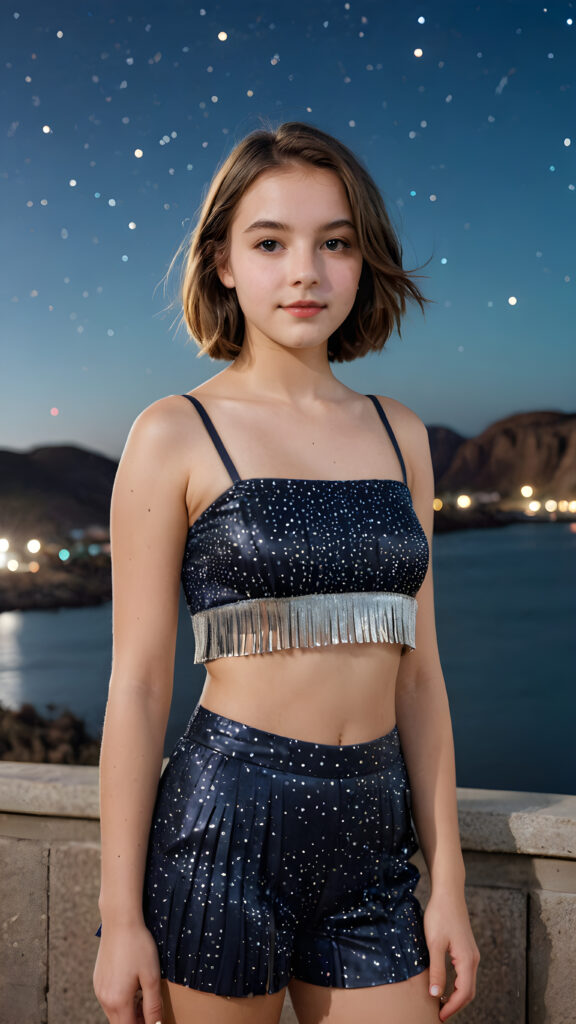 a (((vividly detailed advanced portrait))) of a (((sweetly teen girl))) with flowing, shoulder-length hair styled in bob-cut fringe patterns, dressed in a sleek, party crop top, revealing a gorgeously proportioned, softly curved figure, captured in a full-body scene under a starry night backdrop