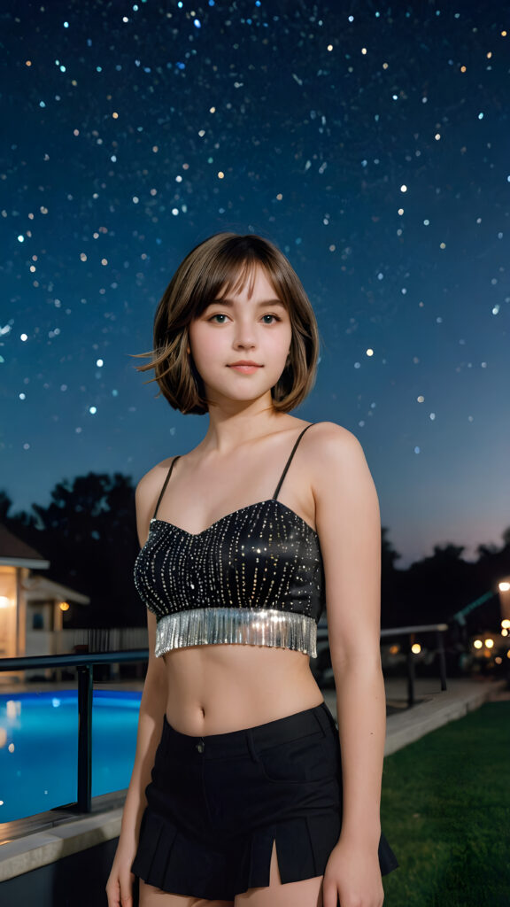 a (((vividly detailed advanced portrait))) of a (((sweetly teen girl))) with flowing, shoulder-length hair styled in bob-cut fringe patterns, dressed in a sleek, party crop top, revealing a gorgeously proportioned, softly curved figure, captured in a full-body scene under a starry night backdrop