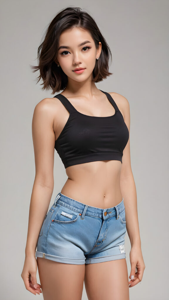 a (((vividly drawn girl))), dressed in a sleek, ((crop top)) that accentuates her navel, with its sides pulled down to reveal a hint of her short shorts