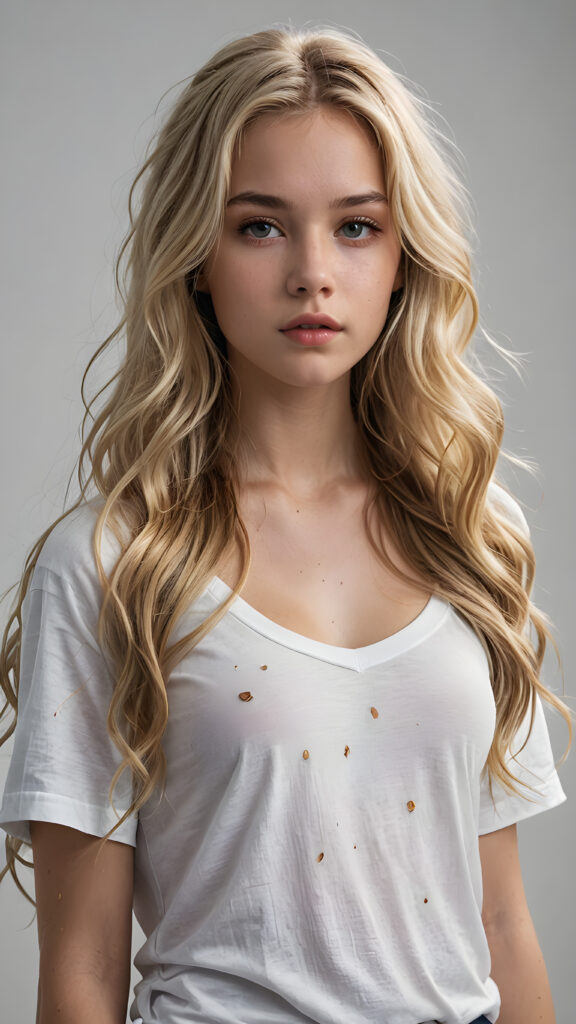 a (((vividly drawn full body character design))), with (((extremely long, thick, wavy, messy blonde hair))), that gives off a (((gloomy and eerie vibe))), as if captured in a (realistic full body shot), with advanced details like (volumetric lighting) and (hyper realistic, intricate details), standing against a (plain, unbuttoned white t-shirt) backdrop, ((young teen girl))