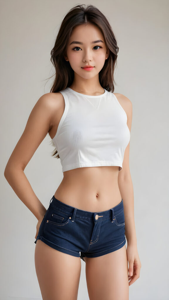 a (((vividly drawn girl))), dressed in a sleek, ((crop top)) that accentuates her navel, with its sides pulled down to reveal a hint of her short shorts