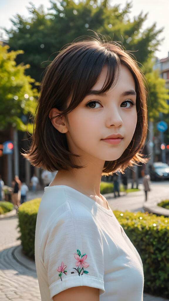 a (((vividly drawn cute teen girl))) with a ((perfectly curved silhouette)) and illustrative details that convey youthful cuteness, bob cut, shoulder-length hair