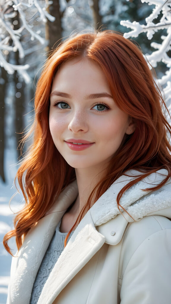 a vividly drawn (((cute little red hair cute teen girl))) with long, shoulder-length plain hair, wear a white winter coat, stand confidently in front of the viewer, her smile radiating through a (((chipped lip gloss))), against a (((subtlety glowing winter wonderland setting))), all against a backdrop of a (14K) cinematic fantasy winter wonderland