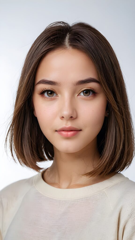 a (((vividly portrait))), capturing a young teen girl with long, flowing (((straight bob cut hair))), her eyes sparkling and her skin radiant, wearing comfortable clothes, perfect curved body, embodying flawless beauty, full lips, ((angelic round face)) ((super realistic photo)) ((stunning)) ((gorgeous)) ((white background)) ((upper body)) 4k