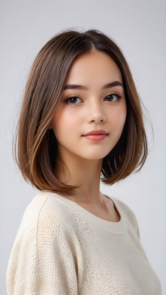 a (((vividly portrait))), capturing a young teen girl with long, flowing (((straight bob cut hair))), her eyes sparkling and her skin radiant, wearing comfortable clothes, perfect curved body, embodying flawless beauty, full lips, ((angelic round face)) ((super realistic photo)) ((stunning)) ((gorgeous)) ((white background)) ((upper body)) 4k