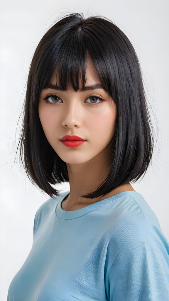 a (((vividly portrait))), capturing a young teen girl with long, flowing (((straight bob cut black hair, bangs cut))), her eyes sparkling and her skin radiant, ((wearing a light blue t-shirt)), perfect curved body, embodying flawless beauty, ((full red lips)), ((angelic round face)) ((super realistic photo)) ((stunning)) ((gorgeous)) ((white background)) ((upper body)) 4k