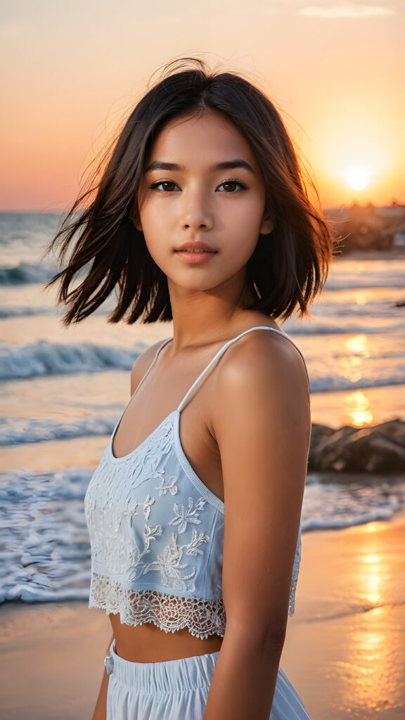 a (((vividly portrait))), capturing a young Exotic 14 years old teen girl with long, flowing (((straight bob cut hair))), her eyes sparkling and her skin radiant, wears a short crop tank top, perfect curved body, embodying flawless beauty, full lips, ((angelic round face)) ((super realistic photo)) ((stunning)) ((gorgeous)) ((upper body)) ((a sunset at beach in background) 4k