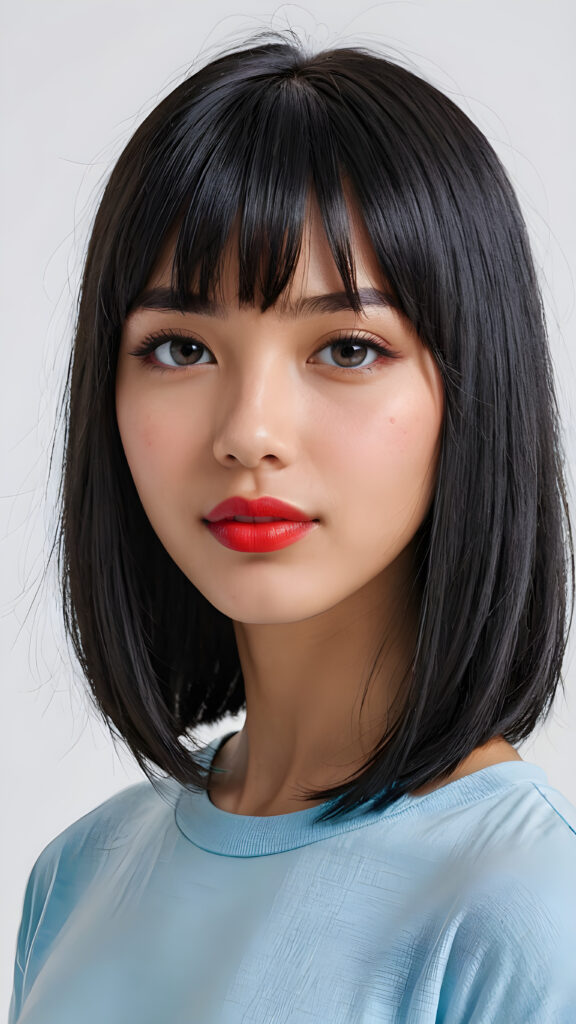 a (((vividly portrait))), capturing a young teen girl with long, flowing (((straight bob cut black hair, bangs cut))), her eyes sparkling and her skin radiant, ((wearing a light blue t-shirt)), perfect curved body, embodying flawless beauty, ((full red lips)), ((angelic round face)) ((super realistic photo)) ((stunning)) ((gorgeous)) ((white background)) ((upper body)) 4k